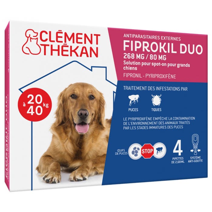 Clement-Thekan Fiprokil FIprokil Duo Flea & Tick Control for Dogs 20-40kg 4 Pipettes Chien 10-20kg 2.68ml x4 pipettes