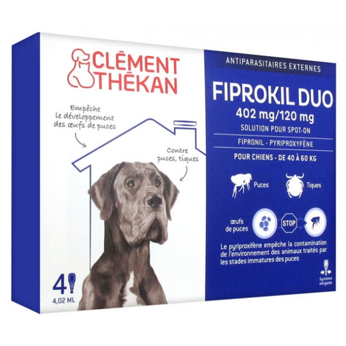 Clement-Thekan Fiprokil FIprokil Duo Flea & Tick Control for Dogs 40-60kg 4 Pipettes Chien 10-20kg 4.02ml x4 pipettes