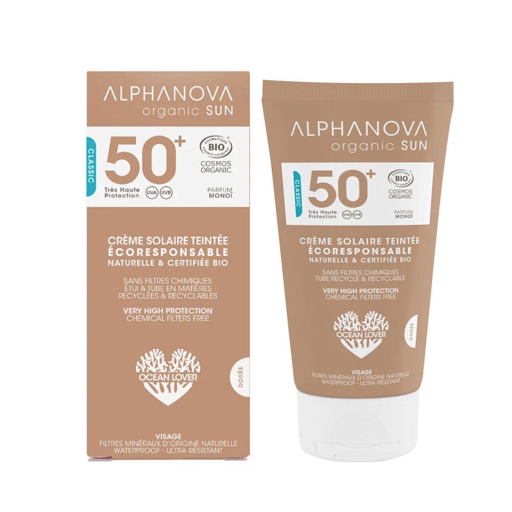 Alphanova Organic Sun Sun Tinted Cream Spf50+ Monoi fragrance 50g
