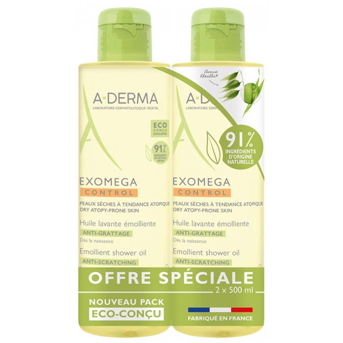 A-Derma Exomega Control Emollient Shower Oil Biodegradable 2x500ml