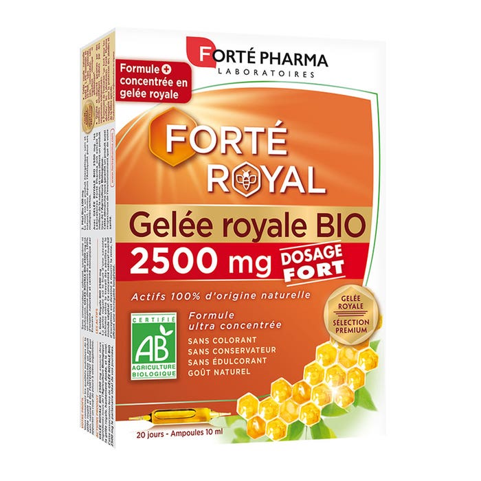 Organic Royal Jelly 2500mg 20 Ampulas x 10ml Forté Royal Strong Dosage Forté Pharma