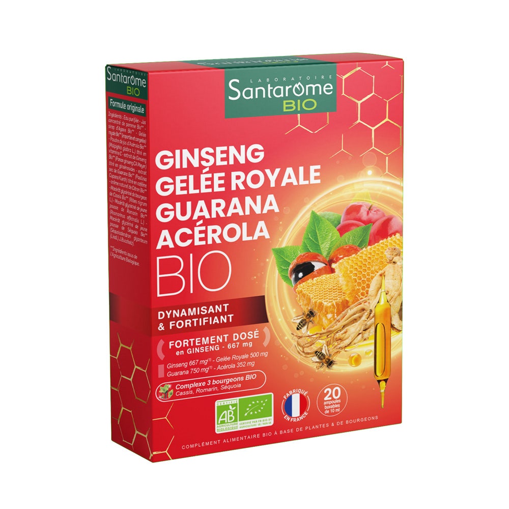 Santarome Bio Ginseng Royal Jelly Guarana Acerola X 20 Phials Vitalité 20 ampoules