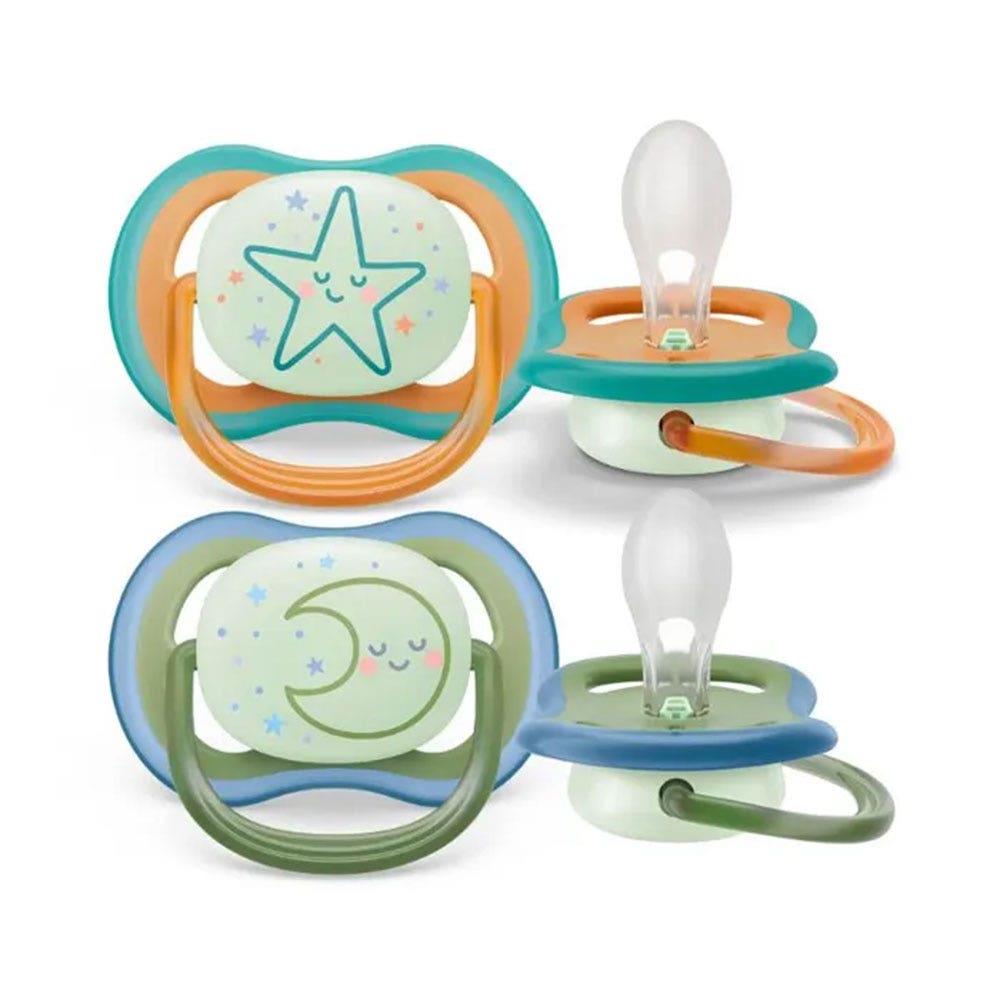 Avent Ultra-Air Orthodontic Soothers Phosphorescent Night 18 Months Sensitive Skin x2