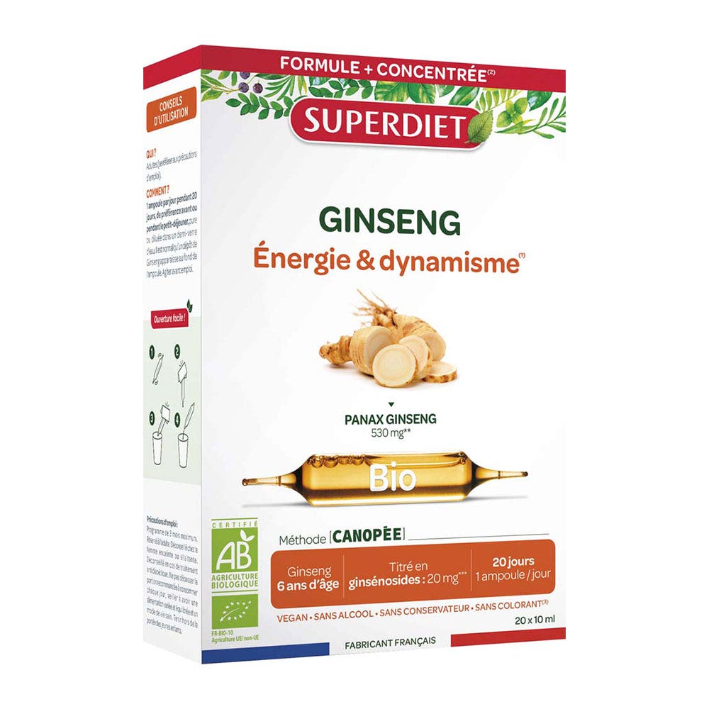 Superdiet Organic Ginseng energy and vitality boost 20 ampoules