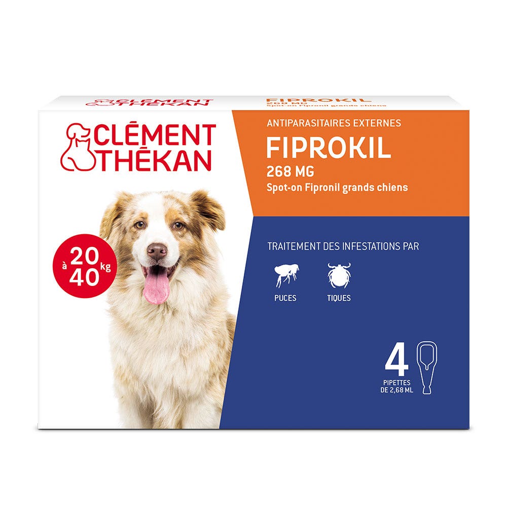 Clement-Thekan Fiprokil Anti-Puces Anti-Tiques Chien 20-40kg 4 Pipettes 2.68ml x 4 pipettes
