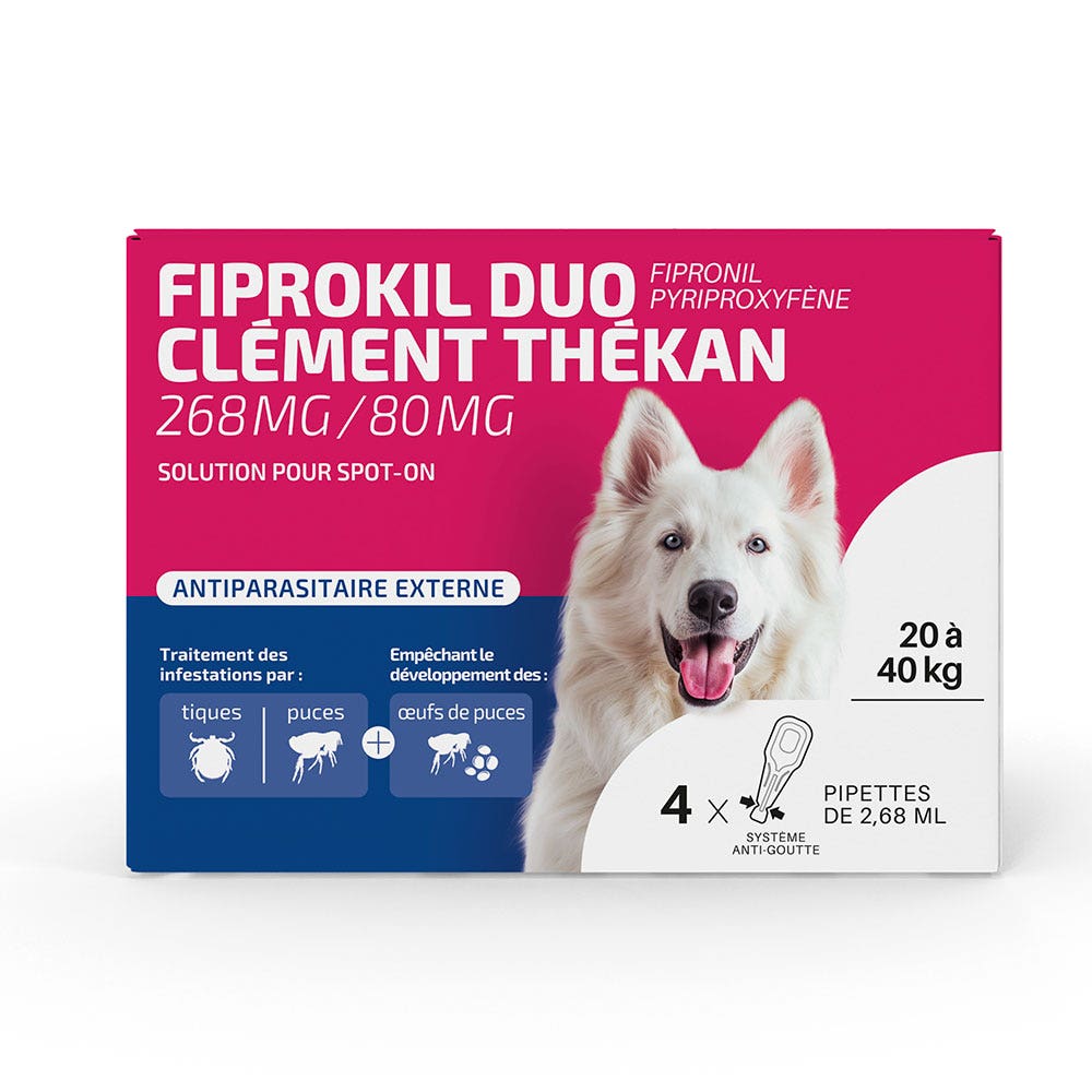 Clement-Thekan Fiprokil FIprokil Duo Flea &amp; Tick Control for Dogs 20-40kg 4 Pipettes Chien 10-20kg 2.68ml x4 pipettes