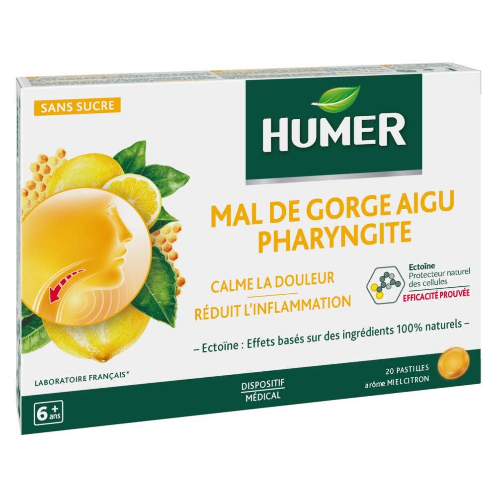 Humer Sore throat and pharyngitis honey lemon 20 pastilles