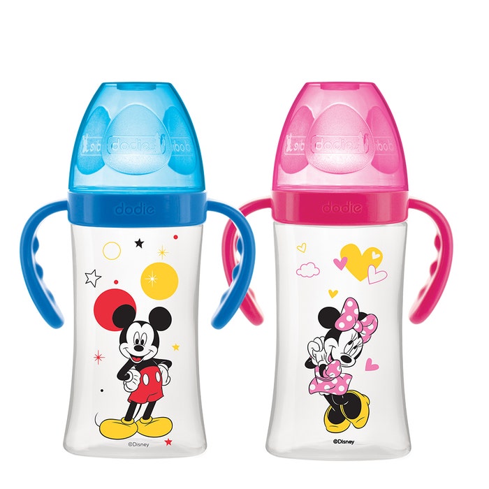 Dodie Initiation+ Baby Bottle Flow 1 Mickey & Minnie 0-6 Months With Handles 270ml Dodie