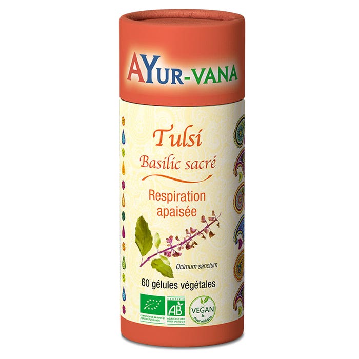 Organic Sacred Basil Tulsi 60 capsules Soothed breathing Ayur-Vana