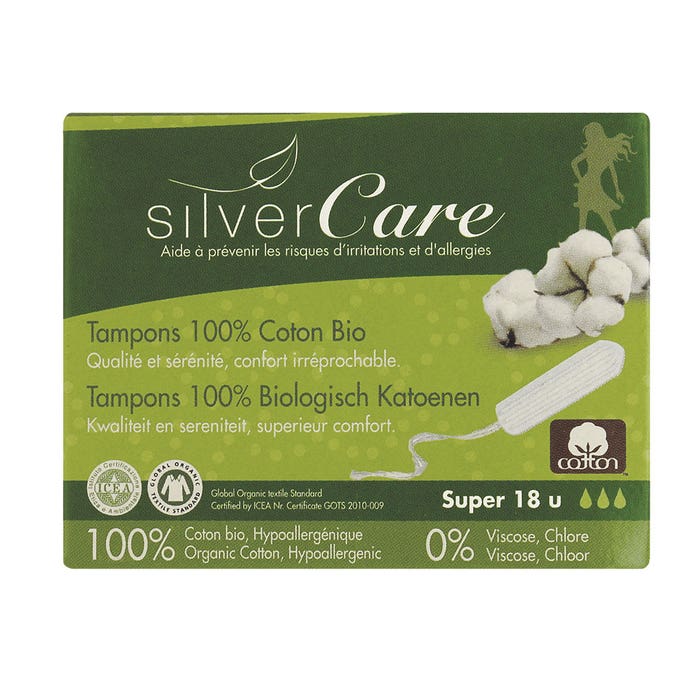 Super organic cotton tampons x18 Without applicator Silver Care