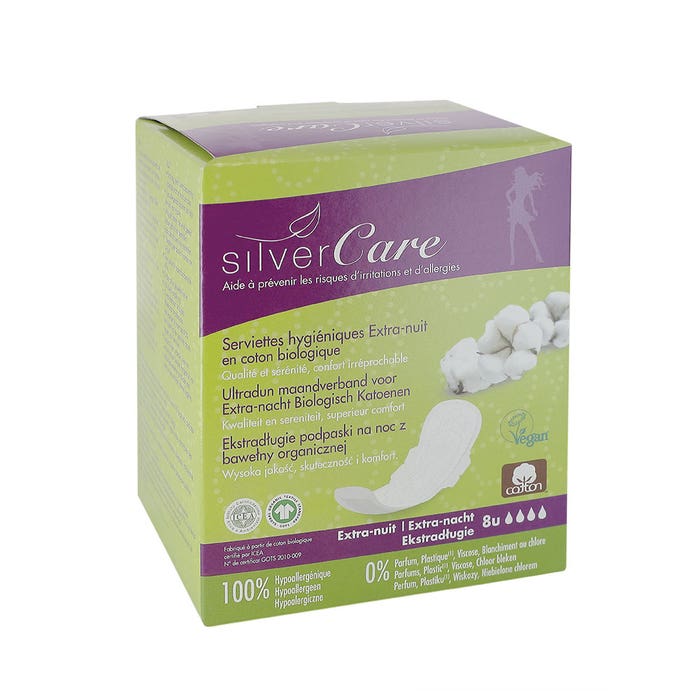Extra night sanitary towels in organic cotton x8 Silver Care