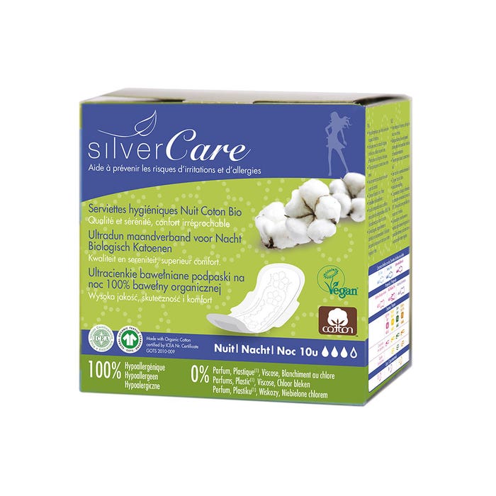 Night sanitary towels in organic cotton x10 Silver Care