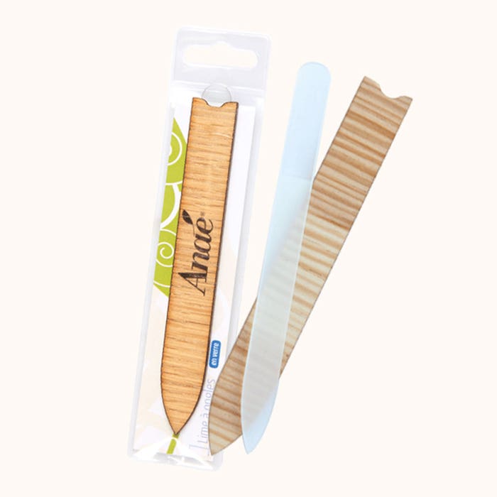 Large glass nail file in wooden case Anae