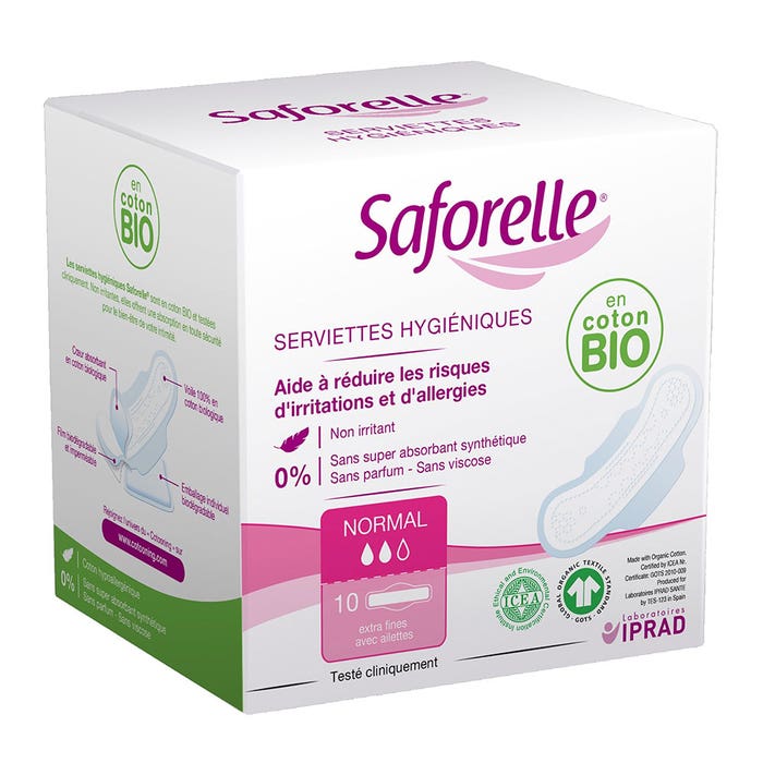 Daytime sanitary towels with organic cotton wings x10 Saforelle
