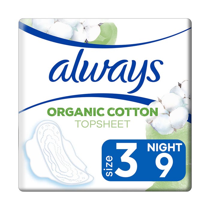 Towels Size 3 Ultra Night With Wings 100% Organic Cotton x9 Always