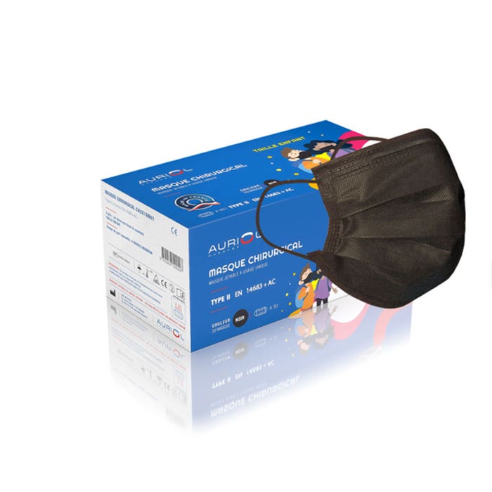 3-layer Black Surgical Mask for Children x50 CE Marking - Standard EN14683-2019 TYPE II Auriol
